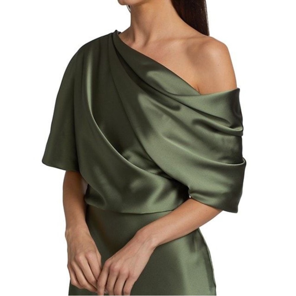 AMSALE Pryce Satin One Shoulder Gown Olive Size 4 - Picture 7 of 15